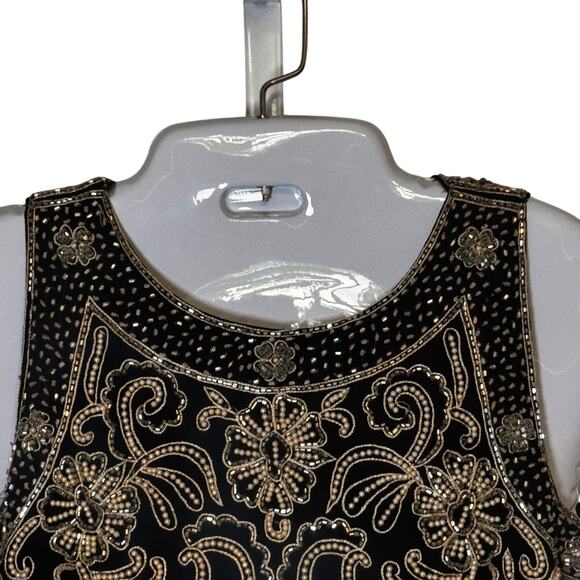 JKARA Gold Embellished Bodice A-Line Beaded Chiffon Long Dress Black Women's 8 - Picture 5 of 16